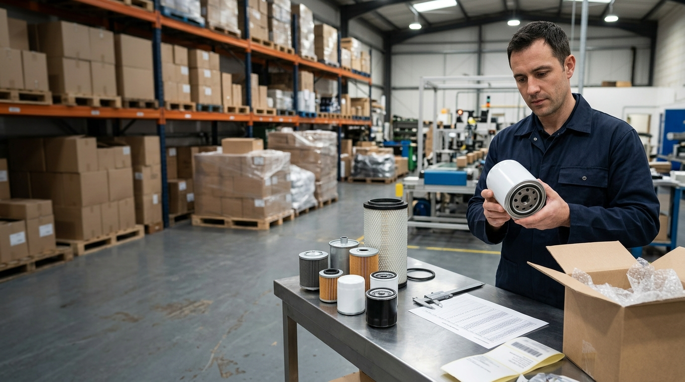 Foreign buyer checking automotive filter products at the PERSOLY factory