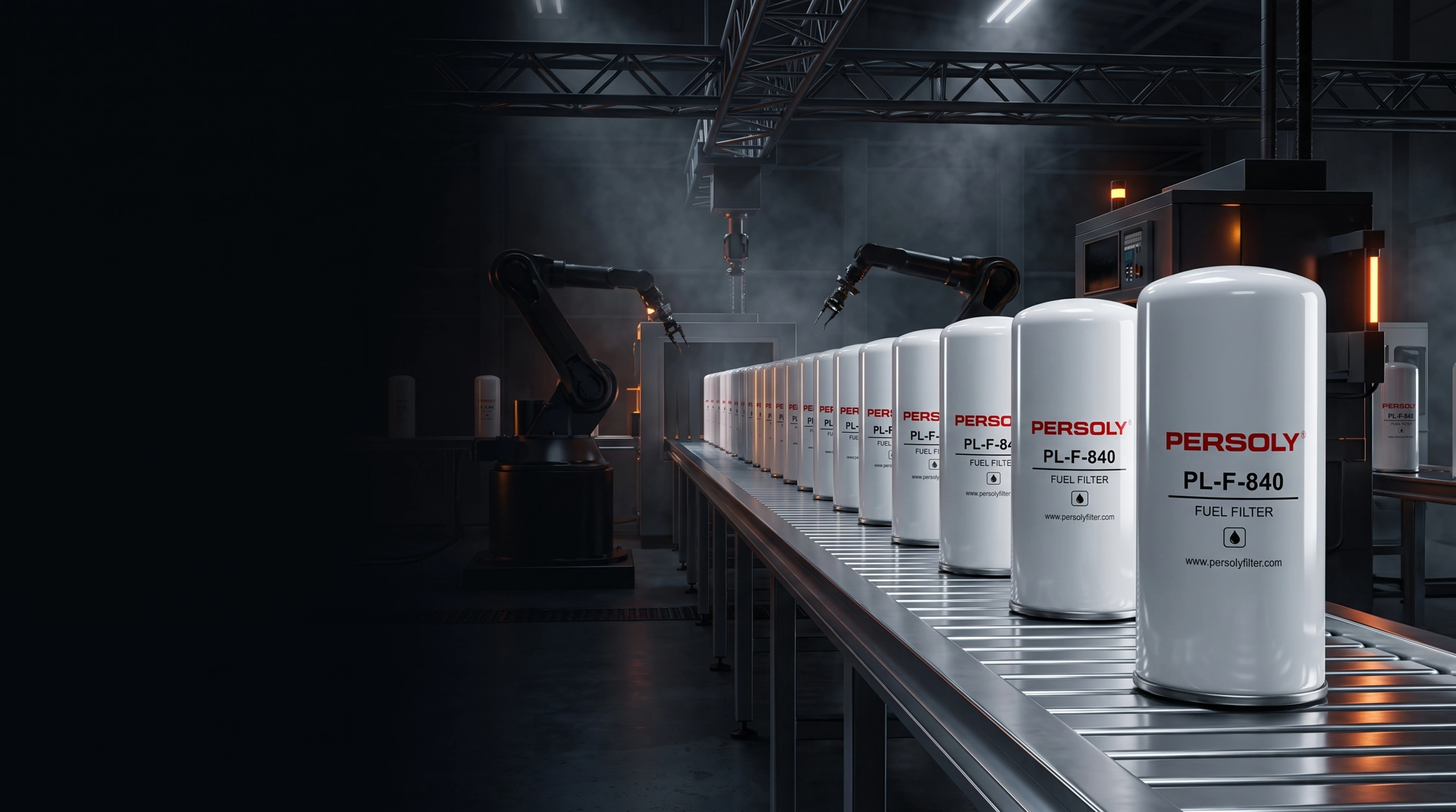 PERSOLY filters standing on a factory conveyor