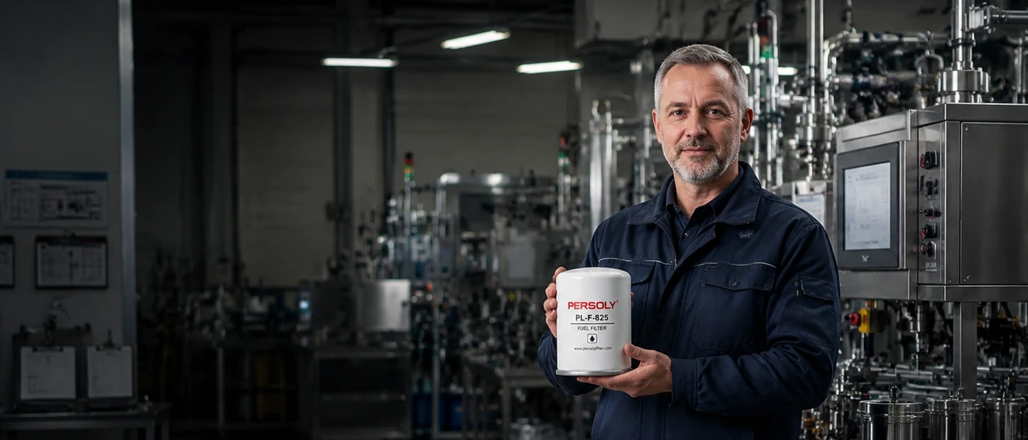 Automotive technician presenting a PERSOLY PL-F-825 fuel filter in a factory